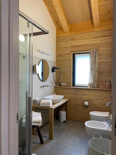 a bathroom with a sink and a toilet and a mirror at d'ARTEmisia Chambres d'hôtes in Pont-Saint-Martin