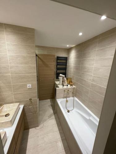 une salle de bain avec une baignoire et un lavabo dans l'établissement Charmant T2bis coeur historique, Clim, possibilité garage, à Aix-en-Provence