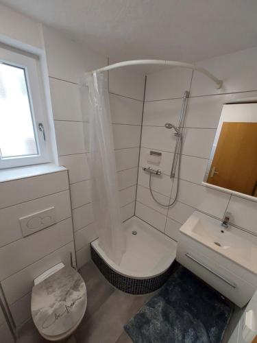 uma casa de banho com um chuveiro, um WC e um lavatório. em FEWO SALENBERG em Freudenstadt