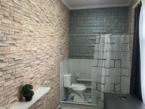 a bathroom with a toilet and a brick wall at СОФЬЯ ГОСТЕВОЙ ДОМ in Bukhara