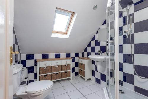a bathroom with a toilet a sink and a shower at Livingstone Lodge in St. Andrews