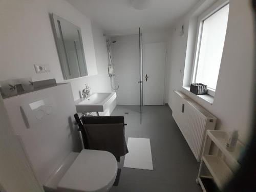 a white bathroom with a toilet and a sink at Haus Edel in Wesselburen