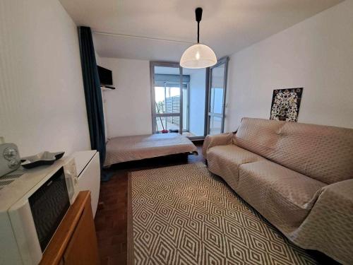 un salon avec un canapé et une télévision dans l'établissement Studio en Rez-de-Chaussée avec Terrasse Spacieuse et Parking Privé à Marseillan - FR-1-326-814, à Marseillan