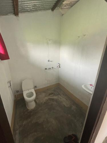 a small bathroom with a toilet and a sink at Nanu's Bardiya Homestay in Bhurkīā