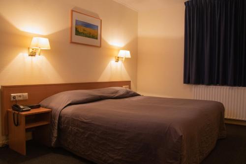 sypialnia z łóżkiem i 2 lampkami na ścianie w obiekcie Hotel Bi-j Ons w mieście Lichtenvoorde
