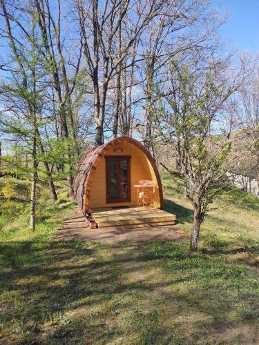 a small dome tent in a field with trees at Camping du Moulin de Thoard in Thoard