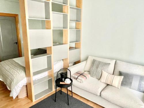 a living room with a couch and a book shelf at Estudio Regenta Con Parking privado in Oviedo