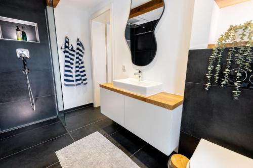 W łazience znajduje się umywalka i prysznic. w obiekcie Fachwerk Boutique-Hotel 1 w mieście Hattingen
