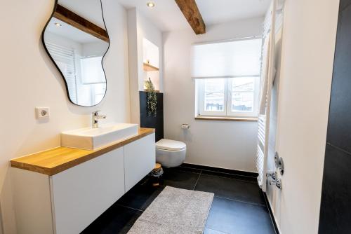 ein Bad mit einem Waschbecken und einem Spiegel in der Unterkunft Fachwerk Boutique-Hotel 1 in Hattingen