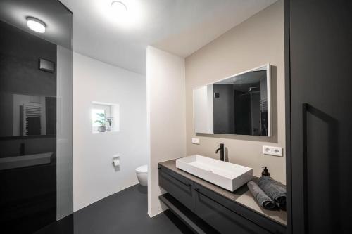 ein Badezimmer mit einem weißen Waschbecken und einem Spiegel in der Unterkunft Wasserturm Pirach in Trostberg an der Alz