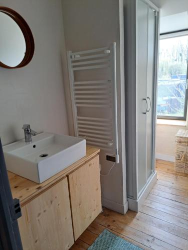ein Badezimmer mit einem weißen Waschbecken und einer Dusche in der Unterkunft 600m bord de mer centre du val andre la maison des prés in Pléneuf-Val-André