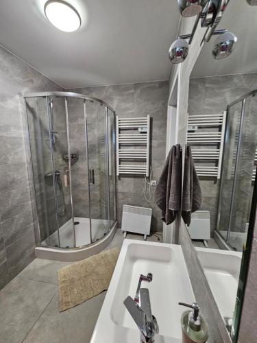 uma casa de banho com um chuveiro, um lavatório e uma banheira em Magiczny Zakątek Bałtów em Bałtów