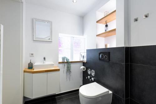 ein Badezimmer mit einem weißen WC und einem Waschbecken in der Unterkunft Fachwerk Boutique-Hotel 3 in Hattingen