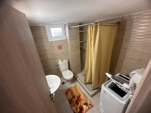 a small bathroom with a toilet and a shower at Agioi Theodoroi Beachview Chic Modern Apt in Agioi Theodoroi