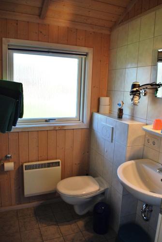 a bathroom with a toilet and a sink and a window at Ahorn in Presen
