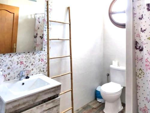 La salle de bains est pourvue d'un lavabo, de toilettes et d'un miroir. dans l'établissement 7 bedrooms villa with private pool enclosed garden and wifi at Prado del Rey, à Prado del Rey