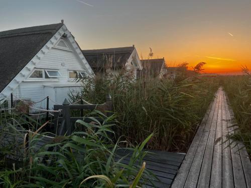 a house on a wooden walkway with the sunset in the background at Seehütte Neusiedlersee - Seehaus inklusive Elektroboot in Rust
