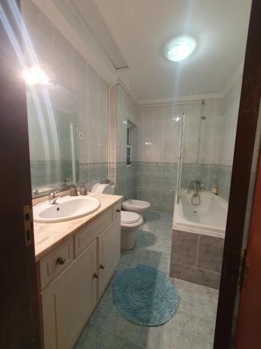 a bathroom with a sink and a toilet and a shower at Casa da Bela Vista in Casal de Loivos
