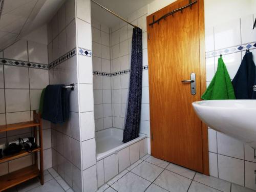 a bathroom with a sink and a shower at Ferienwohnung-Apfelbluete in Presen