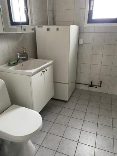 La salle de bains est pourvue de toilettes, d'un lavabo et d'un réfrigérateur. dans l'établissement Eget hus i Vittjärv, à Boden