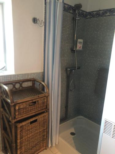 La salle de bains est pourvue d'une douche et d'une baignoire. dans l'établissement La Bergerie, à Lauroux