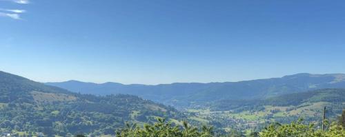 a view of a valley with trees and mountains at Au petit Meuh'ster in Munster