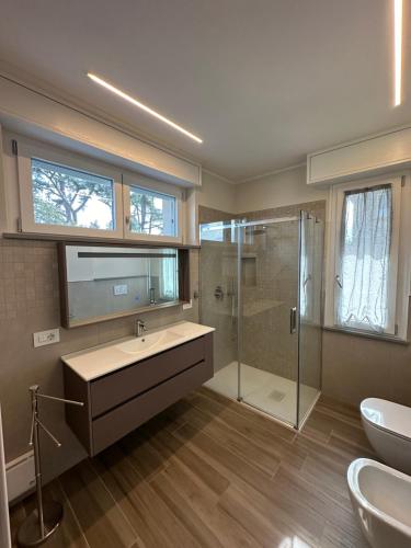 uma casa de banho com um lavatório e um chuveiro em Casa Sole em Codogno