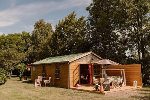 a small wooden cabin with chairs and an umbrella at Natuurhuisje in het weiland in Topweer