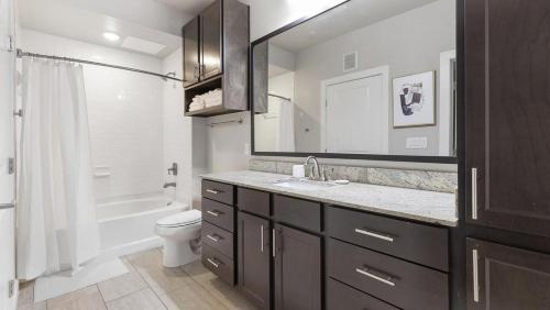 W łazience znajduje się umywalka, toaleta i lustro. w obiekcie Landing at Mission Hill - 1 Bedroom in New Braunfels w mieście New Braunfels