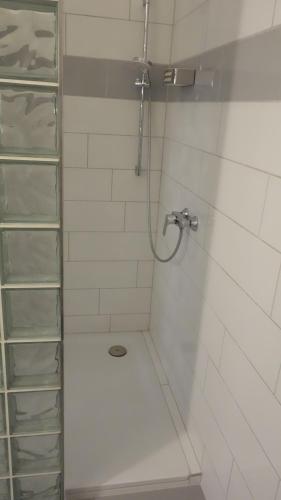 a bathroom with a shower with a glass door at Ferienwohnungen Altstadt in Plau am See