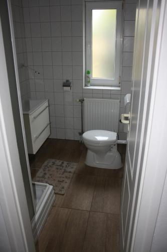 ein kleines Bad mit einem WC und einem Fenster in der Unterkunft Napkő in Kőszeg