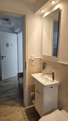 een badkamer met een wastafel, een spiegel en een toilet bij Enny Suite Apartment im schönen Rheinland in Lohmar
