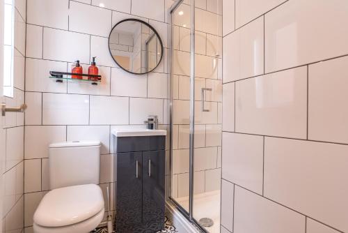 a bathroom with a toilet and a mirror at Larkswood Annex in Bradpole