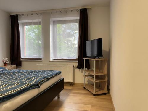 a bedroom with a bed and a flat screen tv at Pension Sachseneck in Heidenau