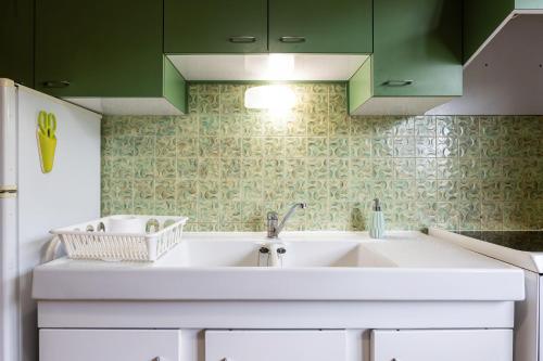 a kitchen with a sink and green cabinets at Chalet de Charme avec vue spendide in Menthon-Saint-Bernard
