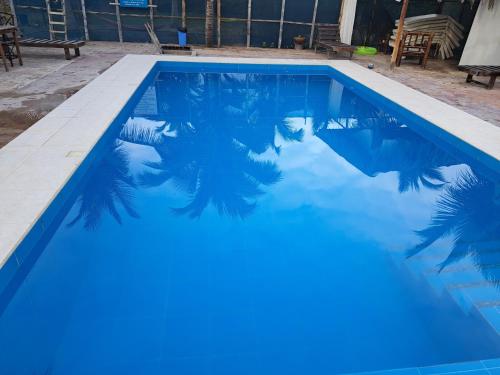 a blue swimming pool with palm trees in it at Punta Pacífico Bungalows Máncora in Máncora