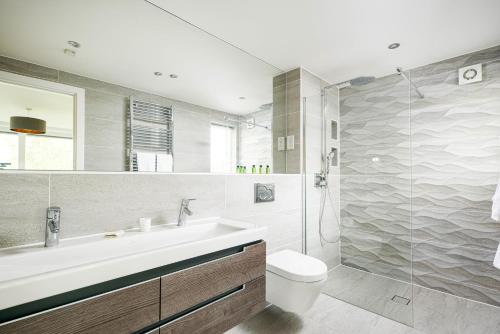 a bathroom with a sink and a toilet and a shower at Shelducks HM119 Lower Mill Estate The Cotswolds in Somerford Keynes