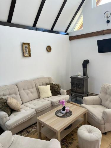a living room with couches and a table and a stove at Vikendica Živković in Lazarevac
