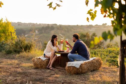 a man and woman sitting at a table with glasses of wine at Hotel Villaggio Cala Di Volpe in Capo Vaticano