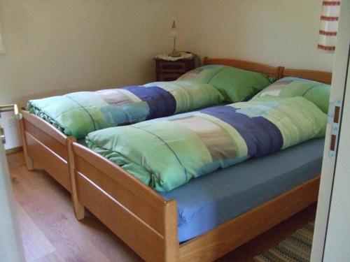 2 camas con almohadas verdes y azules en un dormitorio en Ballmoos Ferienwohnung en Gais