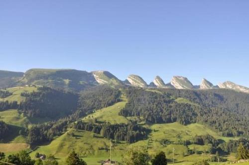 安特瓦塞爾的住宿－Ferienwohnung Chäserruggblick mit Charme，绿树成荫的山丘和山丘