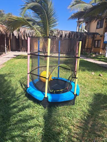 a small playground in the grass next to a palm tree at Punta Pacífico Bungalows Máncora in Máncora