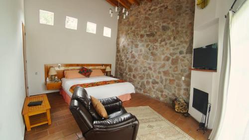 ZitácuaroにあるCabin Zarzamora Nature Retreat with amenitiesのベッドルーム(ベッド1台、椅子、テレビ付)