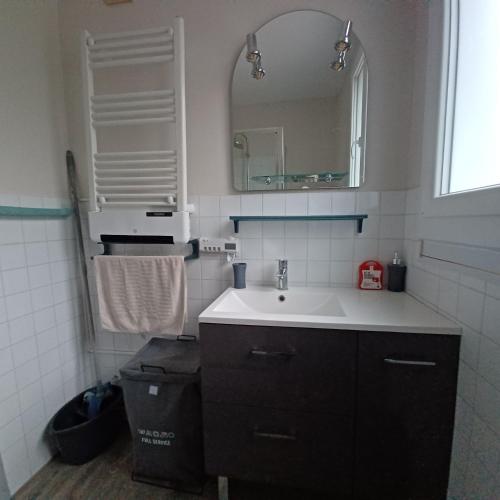 ein Bad mit einem Waschbecken und einem Spiegel in der Unterkunft Résidence Béatrice in Bourbonne-les-Bains