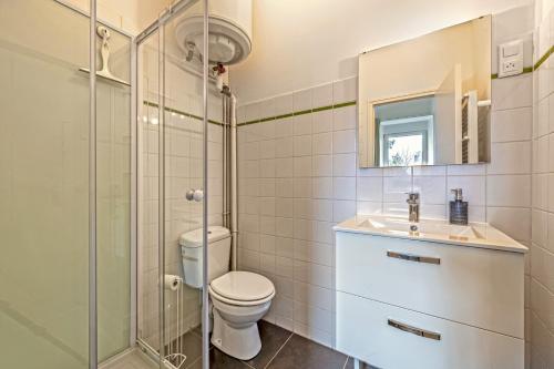 La salle de bains est pourvue de toilettes et d'une douche en verre. dans l'établissement Les Capucins - T2 tout confort, à Brest