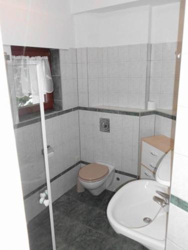 een kleine badkamer met een toilet en een wastafel bij Ferienwohnung in Leuenberg mit Garten und Grill in Werneuchen