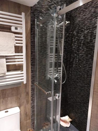 une douche avec une porte vitrée dans une salle de bain dans l'établissement Stanislas sea view, à Cannes