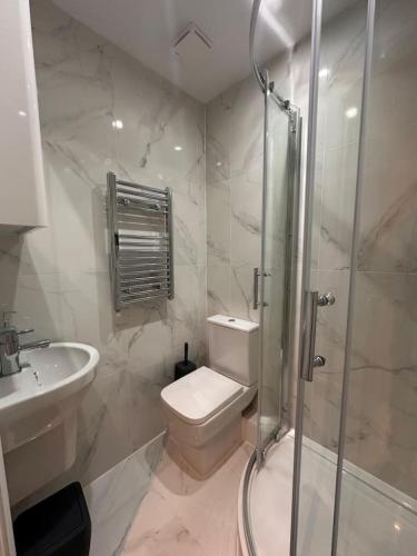 a bathroom with a toilet and a shower and a sink at Central London Zone1 Room - Bath in London