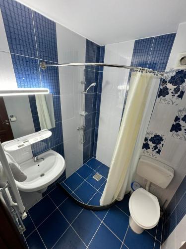 a blue and white bathroom with a toilet and a shower at Pensiunea Lebada in Tulcea