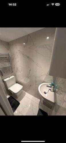 a white bathroom with a toilet and a sink at Big Ben 15 minutes away in London